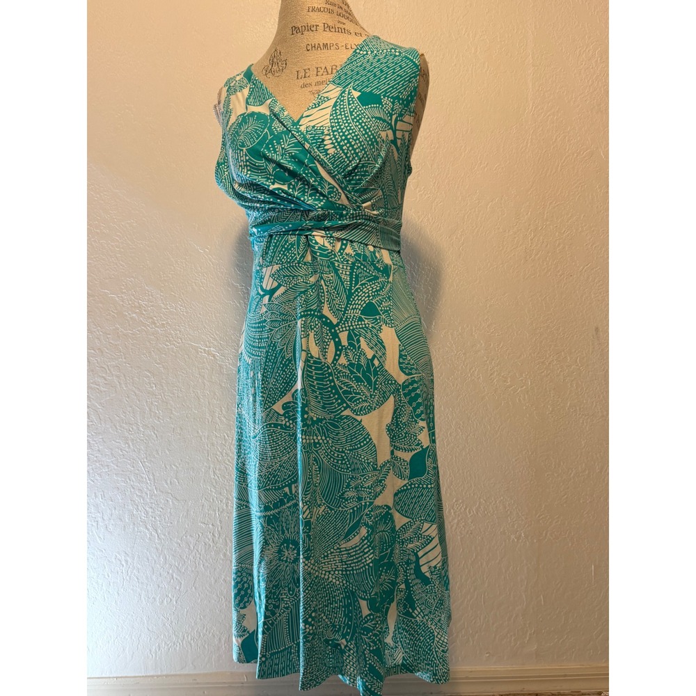 Talbots Petites Teal White Tropical Faux Wrap Midi Dress MP Sleeveless V-Neck